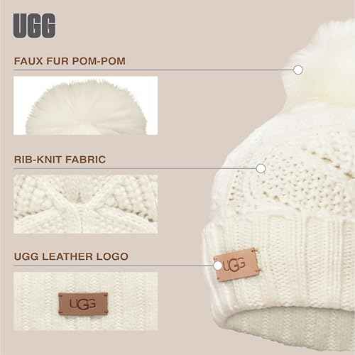 UGG Women's Cable Knit Beanie with Plush Pom - Cozy Winter Hat in Soft Acrylic-Wool Blend, Leather Logo Detail, Nimbus, One Size