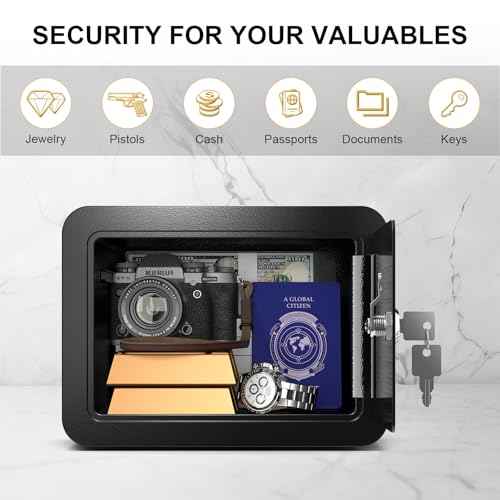0.23 Cub Safe, Small Safe Box with Key, Mini Home Safes for Money, Coin and Cash, Security Safes for Kids, Lock Box for Personal Items, Black, 6.69 x 9.06 x 6.69 Inches