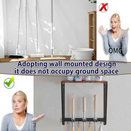 Wall-mounted broom and mop storage rack, equipped with mop, broom hanger and grab hooks for cleaning supplies, suitable for kitchens, laundry rooms, garages, utility rooms, closets, etc.
