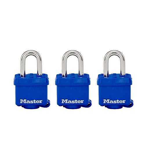 Master Lock 312TRI Laminated Padlock with Key & Thermoplastic Shell, Blue, Pack of 3 Keyed-Alike, 1-9/16-inch