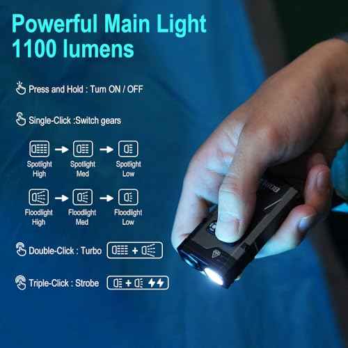 BORUIT EV10 EDC Keychain Flashlight Super Bright USB-C Rechargeable - 15 Modes Small Multifunctional Flashlights with Clip Magnetic Ambient and Warning LED Lights, Aluminum Black