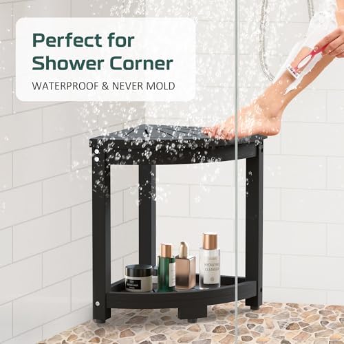 Corner Shower Stool for Inside Shower, HIPS Waterproof Shower Bench Seat Chair, Plastic Bath Shower Stool for Shaving Legs Foot Rest with Storage Shelf, Adjustable & Non-Slip Feet, Black