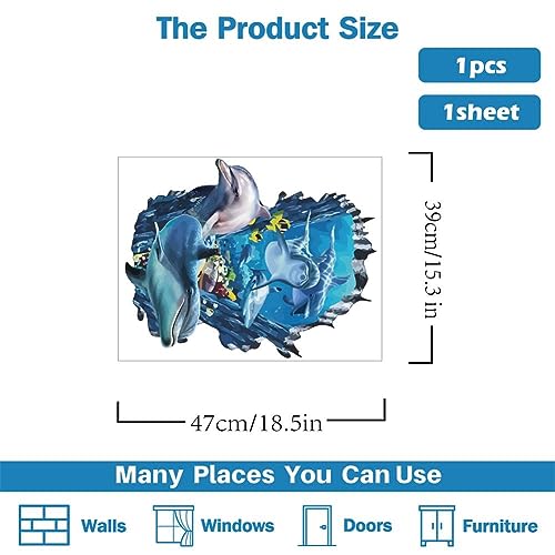PLIGREAT 3D Broken Wall Undersea Ocean World Dolphins Wall Stickers, Removable Vinyl Peel and Stick Walls Decals for Teens Bedroom Dorm Room Home Decoration Beach House Apartment Indoor Art Decor