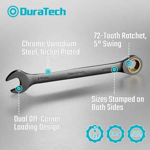 DURATECH Anti-Slip Ratcheting Wrench Set, Combination Wrench Set, 10-Piece, Metric 6-18mm, 72-Tooth, Nickel Plating, CR-V Steel, with Pouch