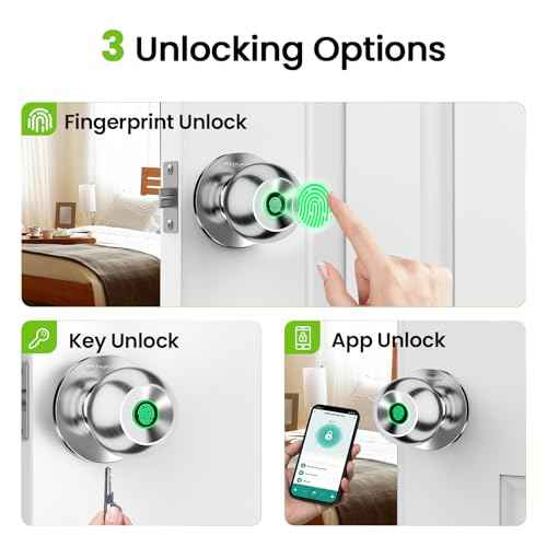 GHome Smart Fingerprint Door Lock, 3 in 1 Smart Fingerprint Door Knob with App Control & Key, Auto Lock, Biometric Door Knobs with Lock for Bedroom, Garage, Home & Office