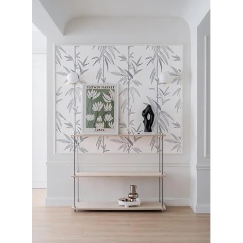 Peel and Stick Grey and White Leaf Wallpaper - Boho Removable Bamboo Contact Paper for Walls - Self Adhesive Decorative Paper 17.3" x 118"
