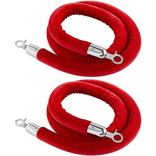 Juvale Stanchion Ropes - 5 ft, Red Velvet, Set of 2, Silver Hooks - Crowd Control Barriers & Line Dividers - Home Theater Accessories & Decor