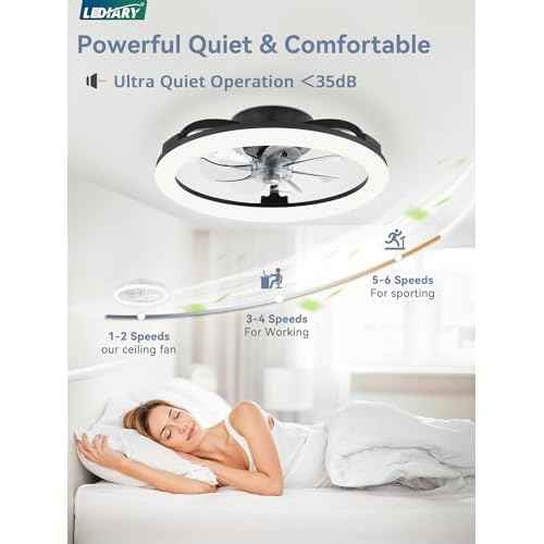 LEDIARY 20 Inch Low Profile Ceiling Fans with Lights and Remote, Dimmable Modern Fan Light(3000K-6000K), 6 Speed, Reversible, APP & Remote Control, Flush Mount Ceiling Fan for Bedroom, Black