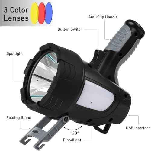 LBE Rechargeable Spotlight Outdoor, 90,000 Lumens Led Spotlight Flashlight with Cob Light and Foldable Tripod, 6 Modes Waterproof Handheld Spot Light for Outdoor Marine Boating H?nting