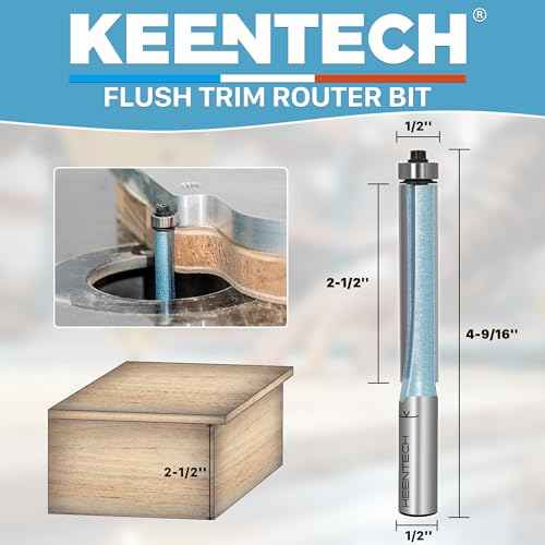 KEENTECH Router Bits 1/2" Shank, Flush Trim Router Bit, Extra Long Bearing Carbide Tipped Pattern Bit, Template Straight Heavy Duty Woodworking Trimming Cutting Tool, 1/2" Diameter, 2-1/2" Depth