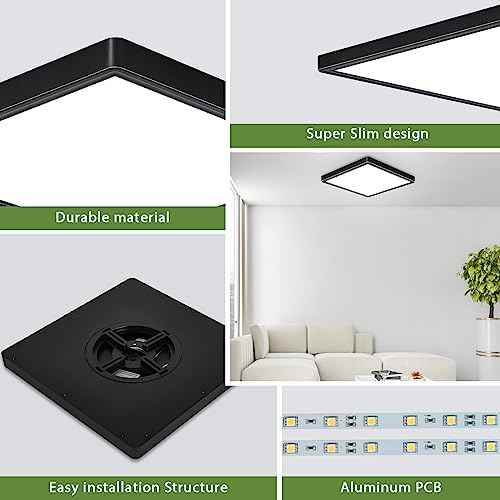 12 Inch 24W Flush Mount Square LED Ceiling Light, 3000K/4000K/6000K Adjustable Flush Mount Light Fixture, 2800LM Bright Flat Ceiling Light Fixtures for Bedroom, Kitchen, Hallway (Black-4 Pack)