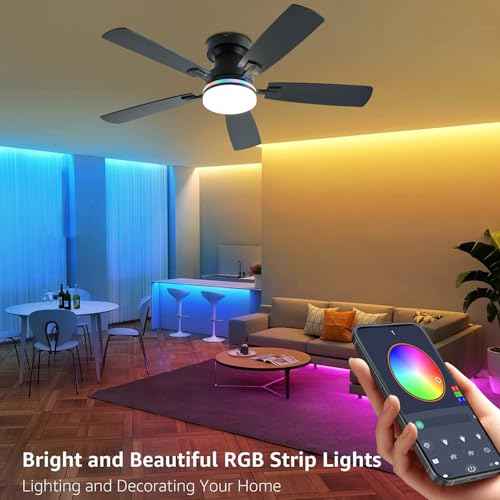 Ceiling Fans with Lights, 48 inch Low Profile Ceiling Fan with Light and Remote Control, Flush Mount RGB Dimmable Light, Noiseless, Black Ceiling Fan for Bedroom Indoor/Outdoor Use