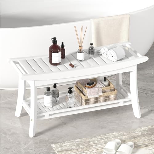 Bamboo Shower Bench Chair Bathroom Shower Stool Seat for Inside Shower Bathtub with Storage Shelf Shower Foot Rest for Shaving Legs 39 x 13 x 19.2 Inches White