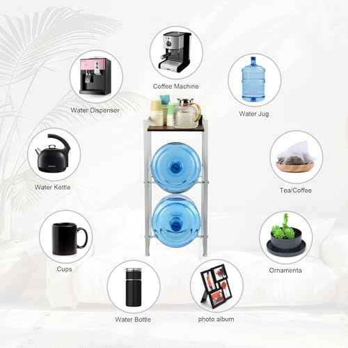5 Gallon Water Bottle Holder with Walnut Storage Shelve, 3 Tier Water Jug Holder Water Storage Rack, Detachable Water Bottle Dispenser Stand Organizer for Office Kitchen Living Room, White