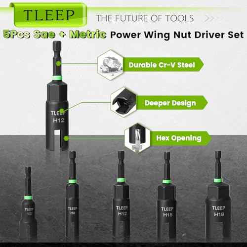 Wing Nut Driver 1/2" 9mm 12mm 15mm 19mm and Wire Nut Twister, 1/4" Hex Nut Driver Set for Impact Drill, Hurricane Shutter Hardware for Panel Nuts Screws Bolt Eye C Hook Q-Hanger Wire Twisting