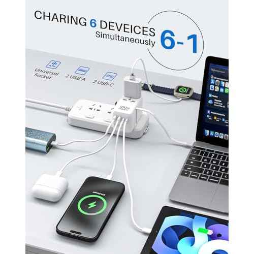 DOACE Universal Travel Adapter, 100W GaN 3.0 International Power Adapter with Built-in USB-C Cable, 6 in 1 Travel Adapter with 5 USB Ports, Plug Adapter Worldwide for EU/UK/USA/AUS(White)