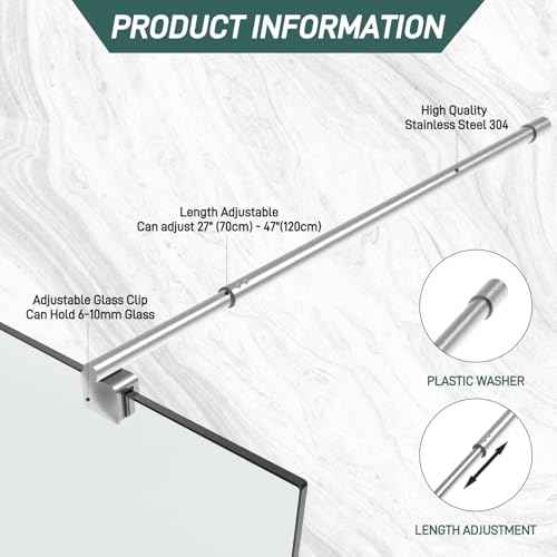 Shower Door Support Bar, 27.5'' to 47.2'' Telescopic Stainless Steel Wall-to-Glass Support Bar for 1/4"(6mm) to 3/8"(10mm) Thick Glass, Fixed Panel Support Rod, Brushed Nickel