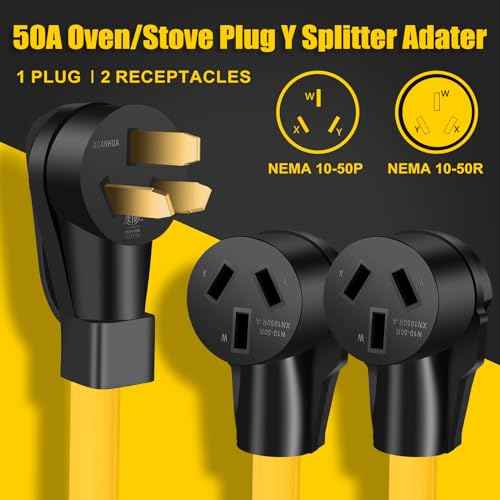 NEMA 50 AMP 10-50P to 2 Outlet 10-50R Y Splitter Adapter Cord, 3 Prong 6 AWG 250V Oven Splitter Power Extension Cord Non-grounding, for Electric Range Oven Stove EV Charger Power Cord, 3 Feet