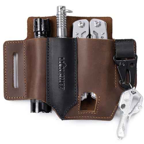 Leather Multitool Sheath,Handmade EDC Belt Organizer,Tactical Tool Pouch Holster, Fits Flashlight, Pen and Keychain, Brown