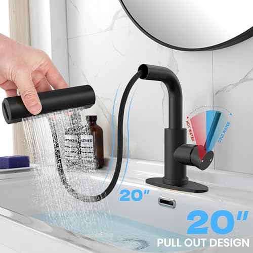Matte Black Bathroom Sink Faucet with Pull Down Sprayer - 4 Mode Single Handle Vanity Faucet Waterfall Bathroom Faucet with Pull Down Sprayer (No Drain)
