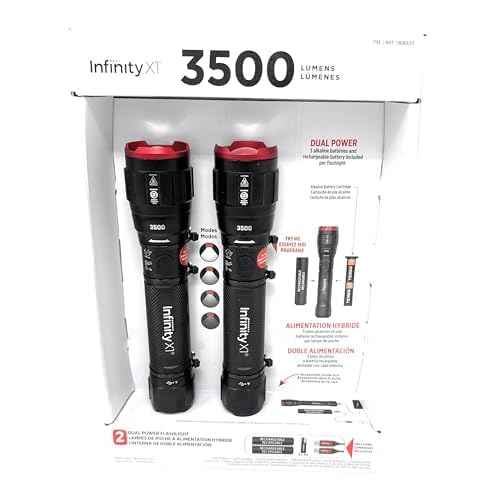 Infinity X1 3500 Lumen Dual Power Flashlight 2-Pack ? High-Performance LED, Rechargeable or Alkaline Powered, 4 Light Modes, USB-C Charging, Includes Batteries and Cables