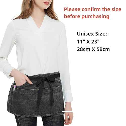 100% Cotton Denim Unisex Waist Apron, 7 Pockets with Zipper Pocket & Pen Pocket, 11" X 23" (Black)