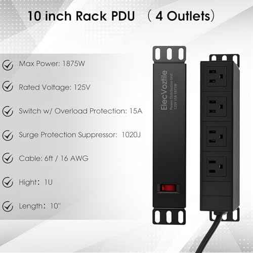 10 inch Rack PDU, 4 Rear Outlets, 1020J Surge Protection &15A Overload Switch, 1U RackMount, Rack Mount Power Strips for 10'' Mini Server Network Cabinets/Rack/Self, 6ft Cable