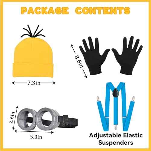 4 Pcs Halloween Costume Accessories for Adult Kids Goggles Yellow Beanie Gloves Suspenders - Cosplay Party Dress Up