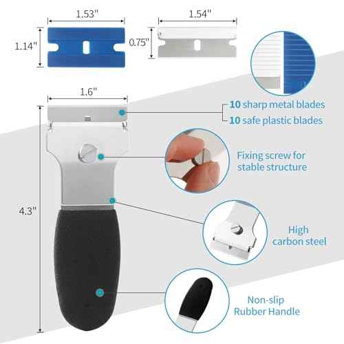 2 Pack Razor Blade Scraper, Multi-Purpose Cleaning Remover Tool, with 10 Metal & 10 Plastic Blades, for Glass Caulk, Adhesive, Wall, Stovetop, Paint, Window, Sticker, Tile, Label Decals