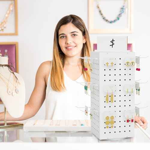 Rotating Pegboard Display Stand with 24 Hooks, Tabletop Metal Peg board Shelf for Craft Shows & Fairs, Retail Stores, Vendors Arts and Crafts Finishing - 4-Sided Craft Rack Organizer (White)