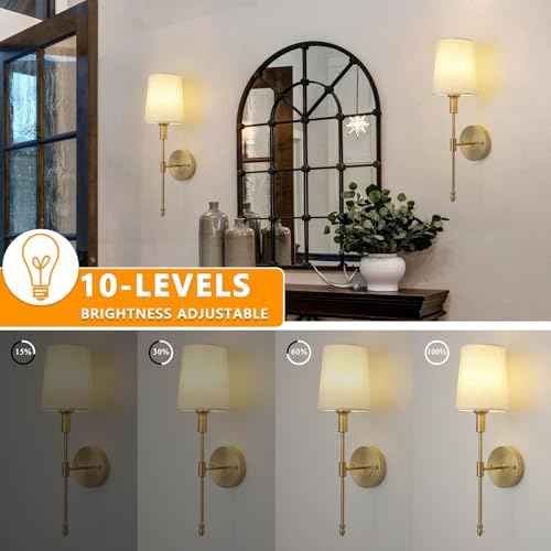 Battery Operated Wall Sconce Set of Two,Gold Wireless Modern with Remote Control Rechargeable Dimmable Lighting Indoor, LED Wall Lamp Fixtures for Bedroom, Living Room, 2-Pack