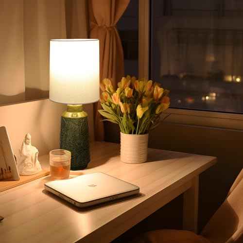 Ceramic Table Lamp Set of 2, 18" Modern Farmhouse Bedside Lamps with Leaf Pattern & White Linen Shade, Nightstand Lamps with Inline ON/Off Switch for Living Room, Bedroom, Dining Room