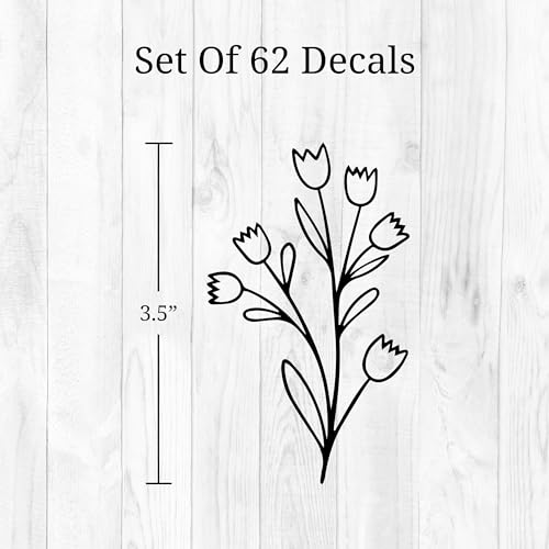 Small Black Flowers Peel and Stick Wall Decals - Set of 62 Flower Wall Stickers - 1"-4" Flower Wall Decor Floral Wall Decals