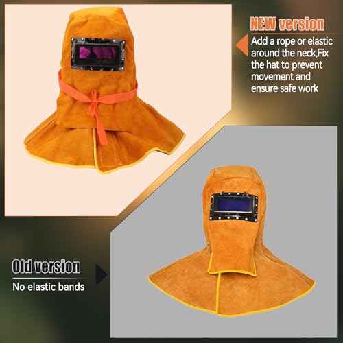 2025 Cowhide Leather Welding Hood with Solar Auto Darkening Filter Lens Mask,Full Protective Leather Welder Hood Welding Helmet with Neck Shoulder Protective,Welding Flame Heat Resistant Work Cap Hat