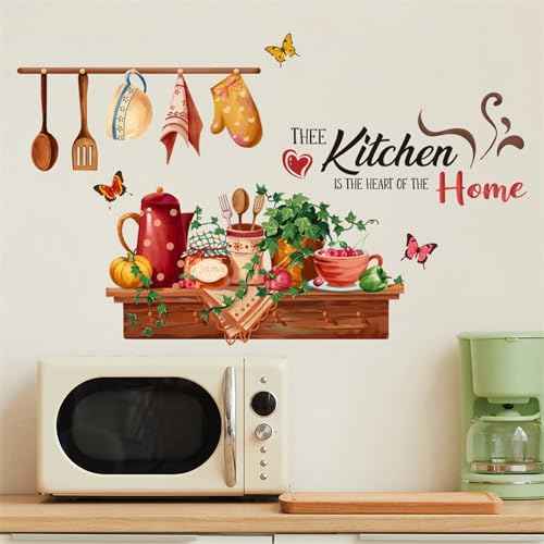 Bowl Kitchenware Utensil Shelf Wall Stickers, sacinora Kitchen is the Heart of Home Butterfly Green Plants Wall Decal Removable Vinyl Peel and Stick for Kitchen Dining Restaurant Baking Room Bar Decor