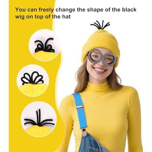 Halloween Costume Accessories Adults Kids, Yellow Beanie hat/Goggles/Gloves/Suspenders for Halloween Cosplay Party Set, Funny Halloween Costumes for Women Men 2025