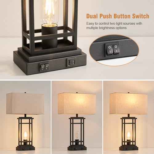 Table Lamp, Set of 2 Modern Bedside Lamps Desk Lamp with Night Light and USB C+A Charging Port Lamps for Night Stands Bedroom Living Room Home Office