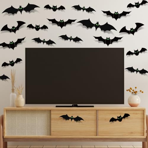 Halloween Bats Decorations Indoor - 110 Pcs With Glow in The Dark Eyes, 3D Wall Decor, 5 Styles, 136 Pcs Double-Sided Tape Included