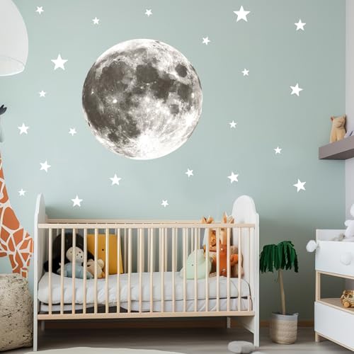 Full Moon Wall Decor Silver Star Wall Decals Peel and Stick Vinyl Space Wall Stickers & Murals Removable Boy Nursery Decor for Kids Girls Bedroom Playroom Living Room Classroom Kindergarten