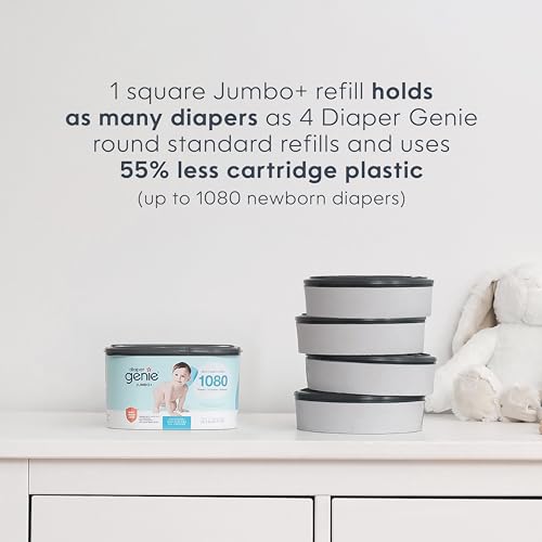 The Diaper Genie Jumbo+ Square Refill, with continuous film, can hold up to 1080 newborn-sized diapers per refill. (Pack of 2)