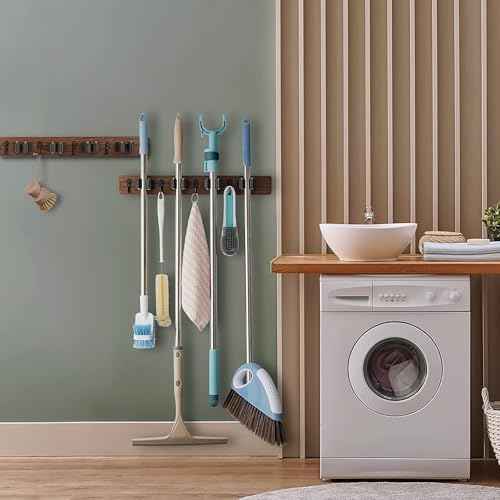 Chunful 4 Pack Mop and Broom Holder Wall Mount, Rustic Wood Broom Hanger with 4 Slots & 4 Hooks, Wall Mounted Garden Tool Rack Organizer for Bathroom Kitchen Closet Garage Room Office