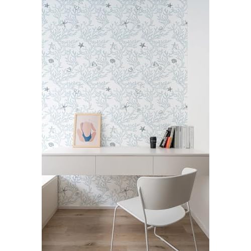 Dviolet Peel and Stick Wallpaper - White and Light Blue Contact Paper - Coral/Seashell/Starfish Pattern - Removable Wallpaper for Kids Room - 17.3"X 118"