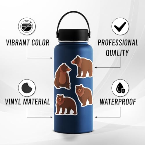 Pack 50 Pcs Cute Animal Brown Bear Stickers for Water Bottles Waterproof Laptop Luggage Computer Scrapbooking Teens Adults Girls Boys Aesthetic Sticker Packs Small Vinyl Decals