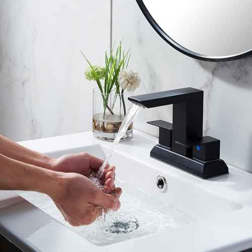 SHACO Black 4 Inch Centerset Bathroom Faucets 3 Hole or 2 Hole, Matte Black 2 Handle Waterfall Vanity Faucet, Lavatory Mixer Tap RV Sink Faucet with Overflow Pop Up Drain and Hose, SC-ZT907B-NEW1