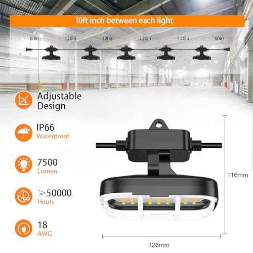 50ft LED Construction String Lights,Super Bright 7500lm 75w Adjuest 90&180 Degrees On Both Sides Waterproof IP66 Led String Work Lights, Construction Temporary Lights (50ft-Adjustable 5lights).