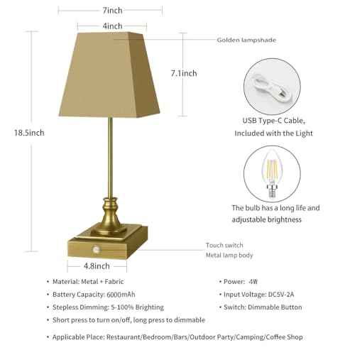 Rechargeable LED Table Lamps with Stepless Touch Control,Golden Cordless Lamp for Living Room&Bedside&Patio&Shower,Small Desk Lamp(6000mAH Battery),2 Pack for Home Decor,Best Gifts for Family