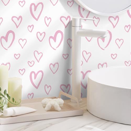 Pink Peel and Stick Wallpaper 17.3"x120" Modern Heart Vinyl Contact Paper Self Adhesive Removable Love Wallpaper DIY for Bedroom Girls Room Decoration Baby Nursery Room Wall Decals