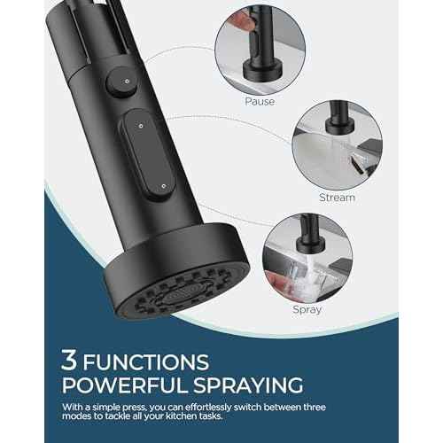 FORIOUS Black Kitchen Faucet with Soap Dispenser, Stainless Steel Single Handle Modern Spring Commercial Sink Faucet with Pull Down Sprayer for Laundry & Utility Room RV Camp Bar Farmhouse