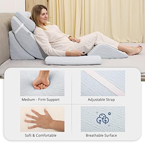 5pcs Orthopedic Bed Wedge Pillow Set, Adjustable Memory Foam, Post Surgery Foam for Back Neck & Leg Pain Relief Support, Acid Reflux, Snoring Reading, Sleeping, Sitting up, Blue
