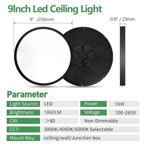 6PK 9 Inch LED Flush Mount Ceiling Light, 18W, 1860LM, 3000K/4000K/6000K CCT Selectable, Round Flat Panel Low Profile Ceiling Light Fixtures for Hallway, Kitchen, Bedroom, Laundry Room